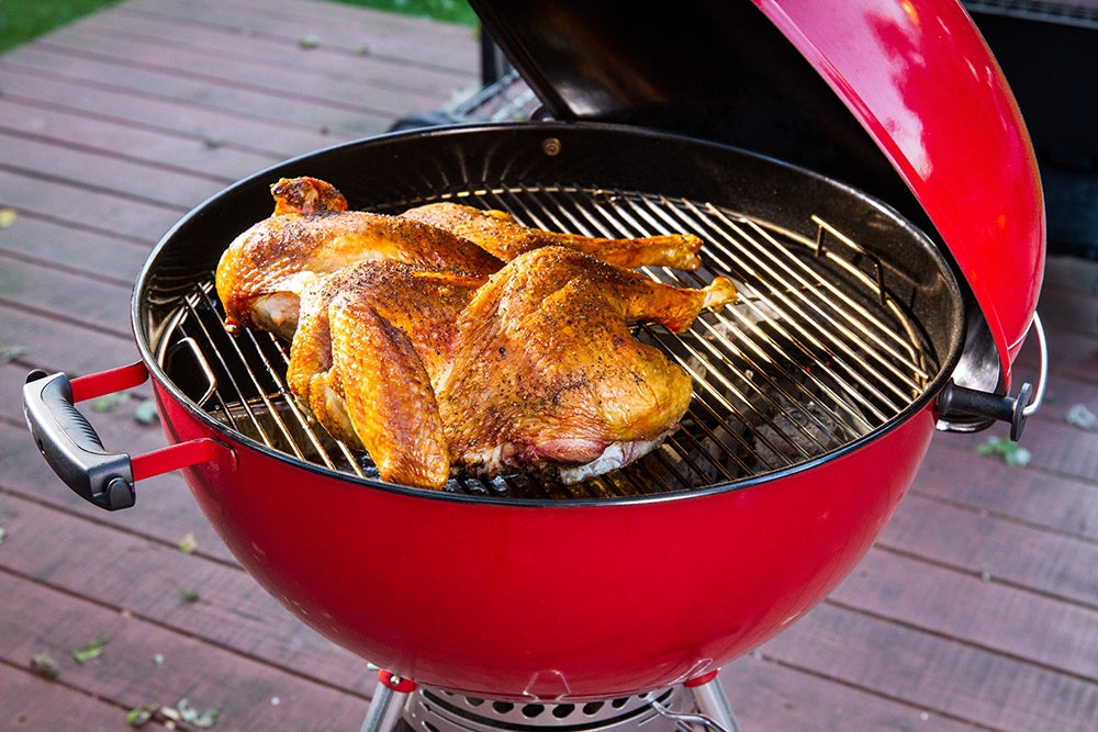 spatchchocked turkey on charcoal grill