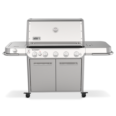 Weber Summit FS38 S gas grill with five burners, a side burner for sauces and sides, and side shelves for prep.