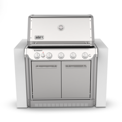 Front view of a stainless steel built-in gas grill with a closed lid, built-in thermometer, burner control knobs, double-door cabinet, and side trim panels.