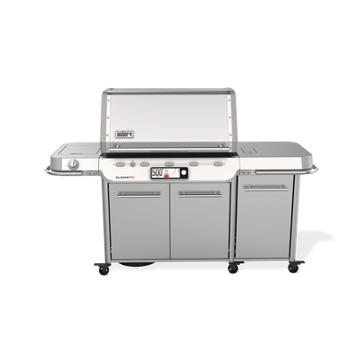 Weber Summit Smart FS38X S gas grill combines touchscreen controls, five burners, and expansive side tables for a versatile outdoor cooking setup.