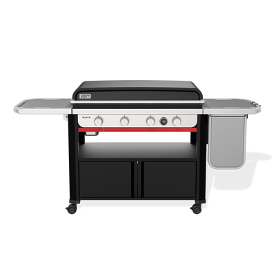 Weber Slate 36” Rust-Resistant Griddle features four burners, a digital thermometer, Weber Works side tables, and closed cabinet storage.
