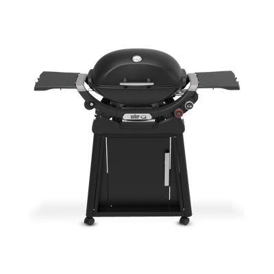 Midnight Black Gas Grill on a wheeled cart with a closed domed lid, built-in thermometer, extended side tables, two burner control knobs, and a cabinet door.