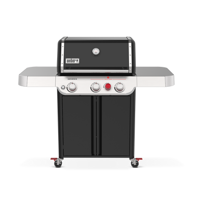 Weber Genesis E-325W Titanium Edition gas grill with three burners, a Sear Zone, and side tables for prep.