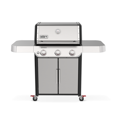 Weber Genesis S-315 Gas Grill features stainless steel construction, spacious side tables, and enclosed storage for outdoor cooking.