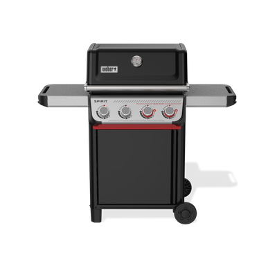 Four burner controls, including two red-accented Boost Burner knobs, line the Weber Spirit E-425 Gas Grill beneath a closed lid with a built-in thermometer, flanked by two side tables above an enclosed cabinet.