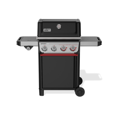 Weber Spirit E-435 Gas Grill with four burners, Sear Zone, side burner, and side tables for versatile outdoor cooking.