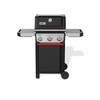Front view of the black Weber Spirit E-325 Gas Grill with the lid closed, a built-in thermometer, two side tables, and three control knobs, including two red-accented Boost Burner knobs.