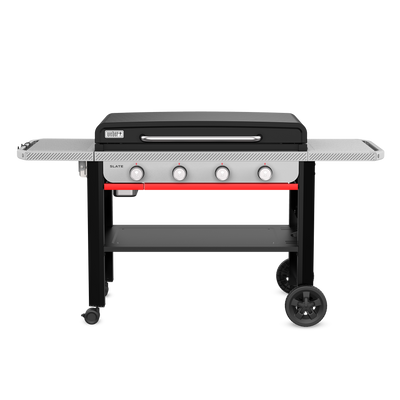 The Weber Slate 36” Rust-Resistant Griddle features four control knobs, two spacious side tables, and an open cart with a storage shelf, caster wheels, and large wheels for mobility.