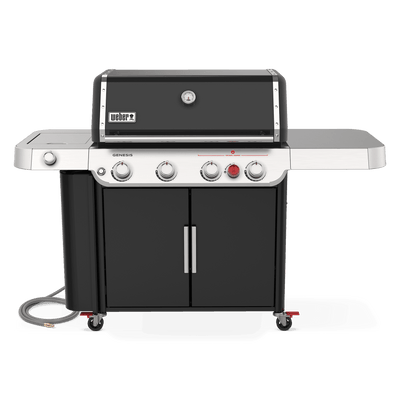 Front view of the black Weber Genesis E-435 gas grill with a closed lid, built-in thermometer, stainless steel side shelves, and double-door storage cabinet.