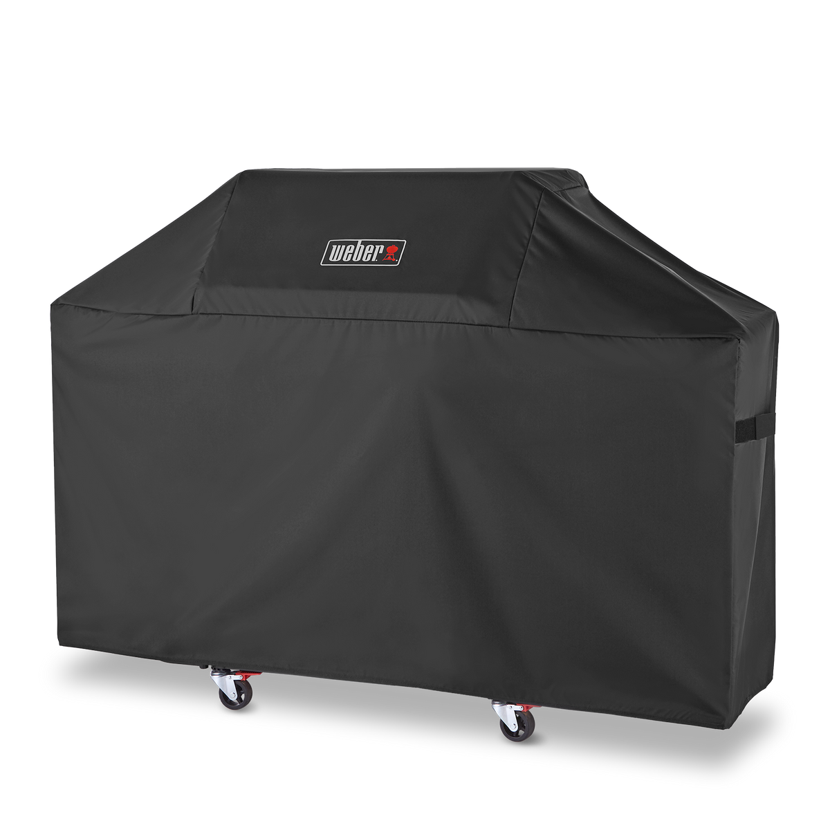 Side fastening straps keep the Weber Premium Grill Cover secure over a Genesis 3-burner gas grill between uses.
