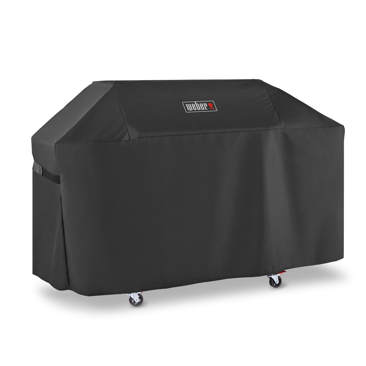 A fastening strap on the left side holds the black Weber Premium Grill Cover around a Genesis grill, with fitted seams outlining the lid and side tables.
