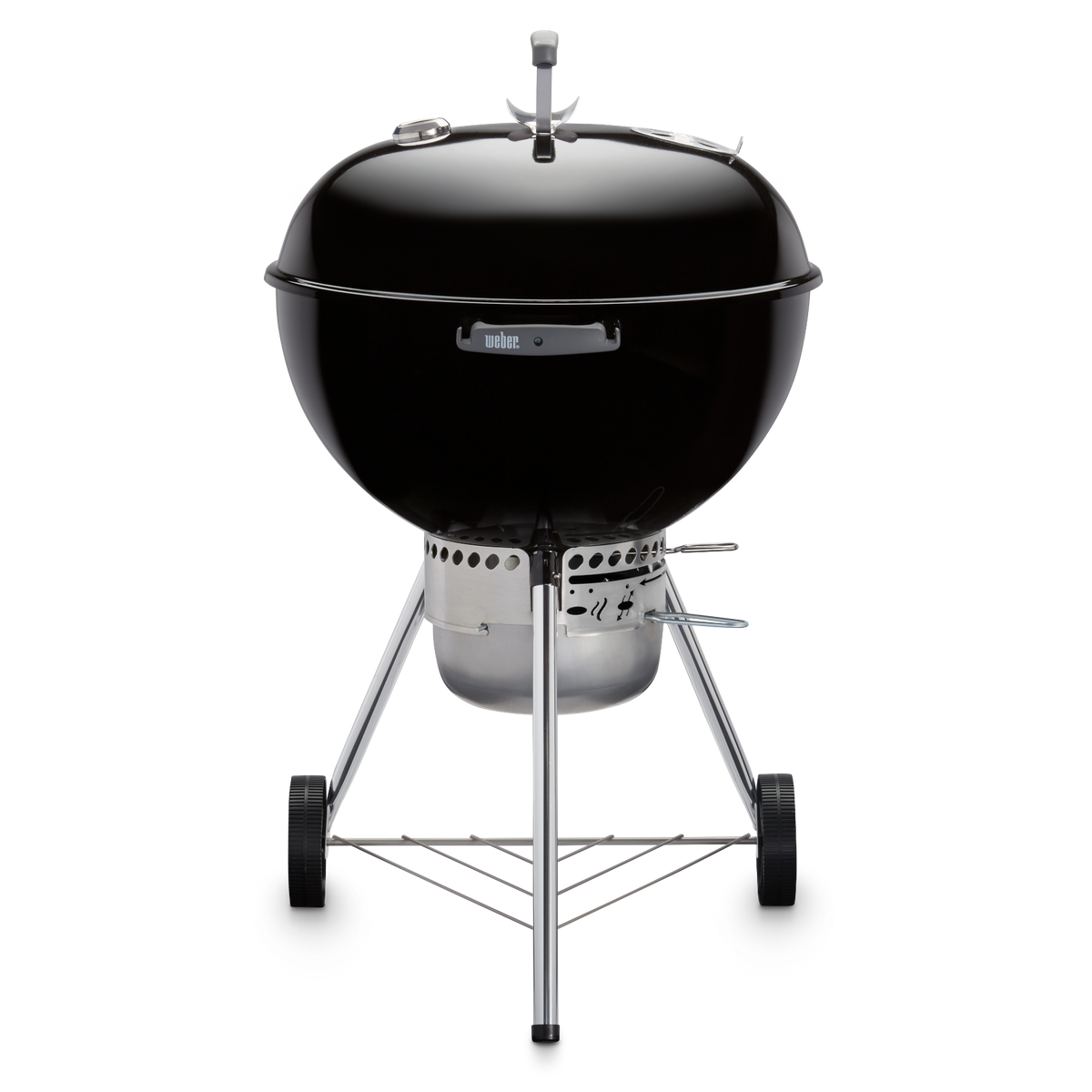 Black Weber 22” Original Kettle Premium charcoal grill with adjustable dampers for heat control and an enclosed ash catcher for cleanup.