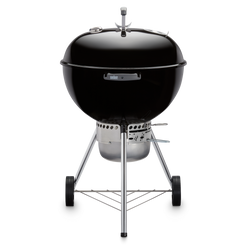 Black Weber 22” Original Kettle Premium charcoal grill with adjustable dampers for heat control and an enclosed ash catcher for cleanup.