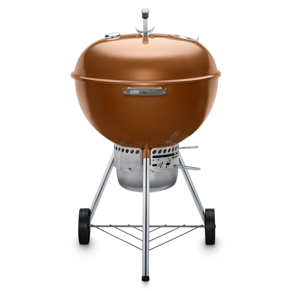 Bronze Weber 22” Original Kettle Premium charcoal grill with adjustable dampers for heat control and an enclosed ash catcher for cleanup.