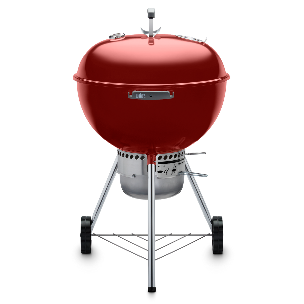 Red Weber 22” Original Kettle Premium charcoal grill with adjustable dampers for heat control and an enclosed ash catcher for cleanup.