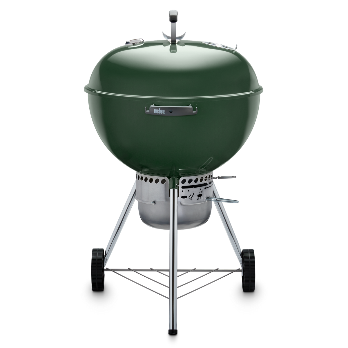 Green Weber 22” Original Kettle Premium charcoal grill with adjustable dampers for heat control and an enclosed ash catcher for cleanup.