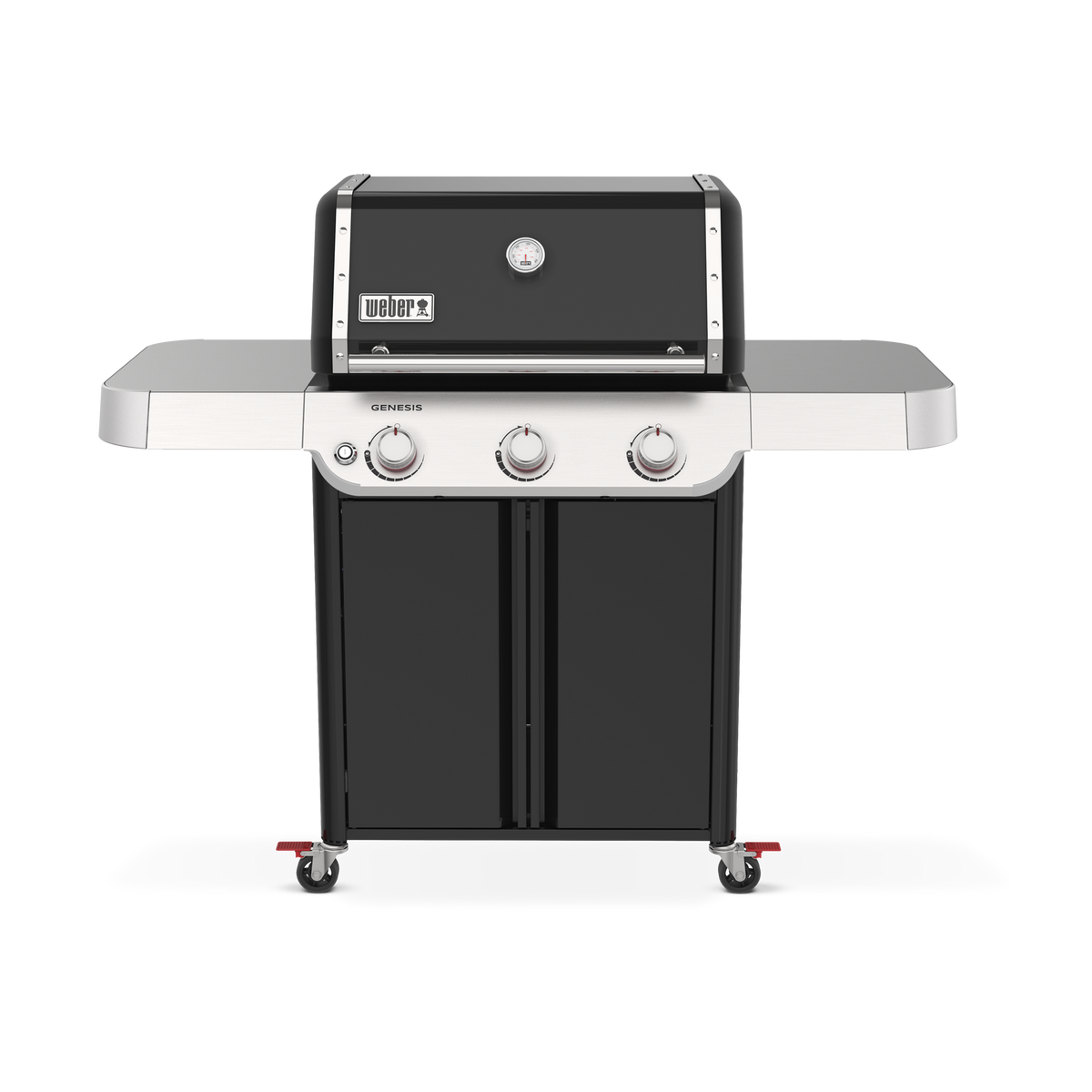 Weber Genesis E-315 Gas Grill features three burner controls, spacious side tables, and enclosed storage for outdoor cooking.