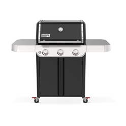 Weber Genesis E-315 Gas Grill features three burner controls, spacious side tables, and enclosed storage for outdoor cooking.