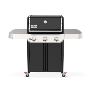 Weber Genesis E-315 Gas Grill features three burner controls, spacious side tables, and enclosed storage for outdoor cooking.