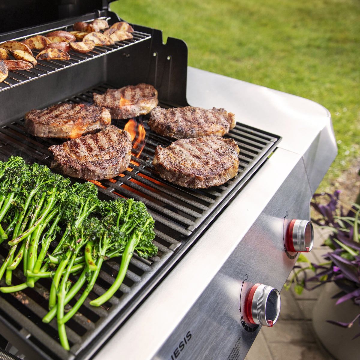 The grill lets you cook steaks, vegetables, and sides at once for complete meals outdoors.