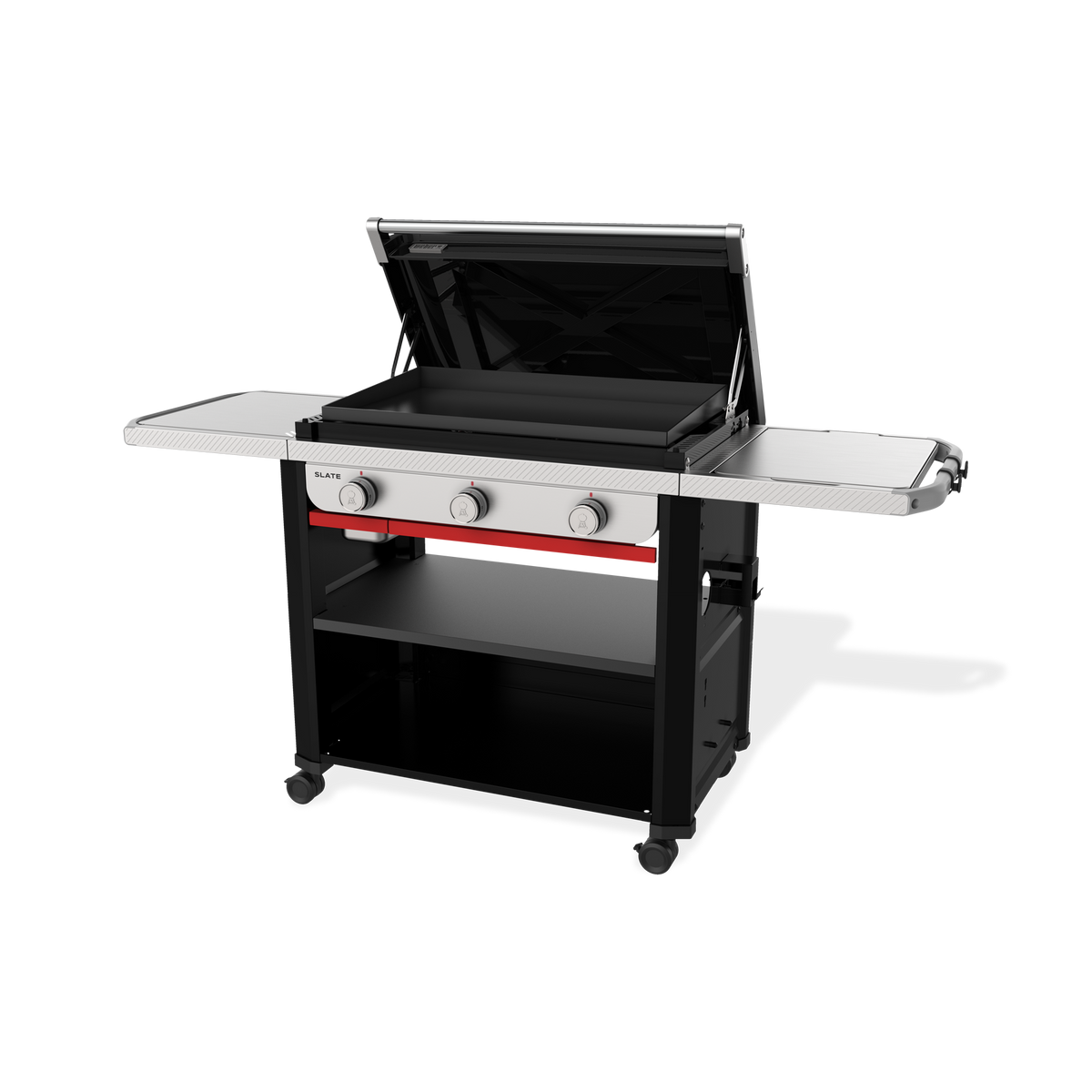 Angled front view of the Weber Slate 30" Rust-Resistant Griddle with the lid open, exposing the flat cooktop, two side tables, three control knobs, and a lower storage shelf.