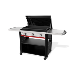 Angled front view of the Weber Slate 30" Rust-Resistant Griddle with the lid open, exposing the flat cooktop, two side tables, three control knobs, and a lower storage shelf.