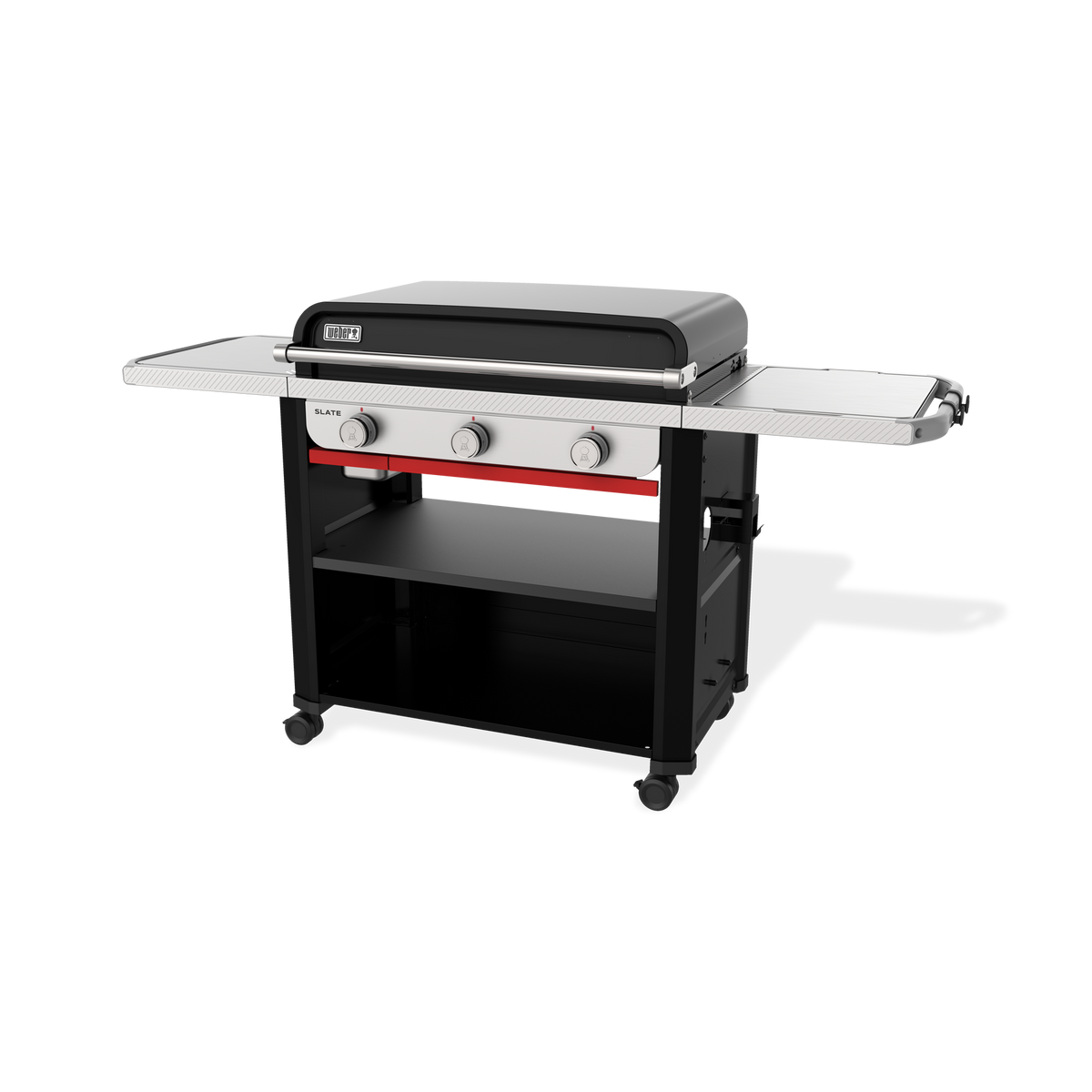Angled front view of the Weber Slate 30" Rust-Resistant Griddle with the lid closed, two side tables, three control knobs, and a lower storage shelf.