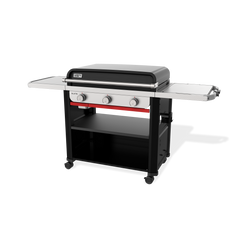 Angled front view of the Weber Slate 30" Rust-Resistant Griddle with the lid closed, two side tables, three control knobs, and a lower storage shelf.