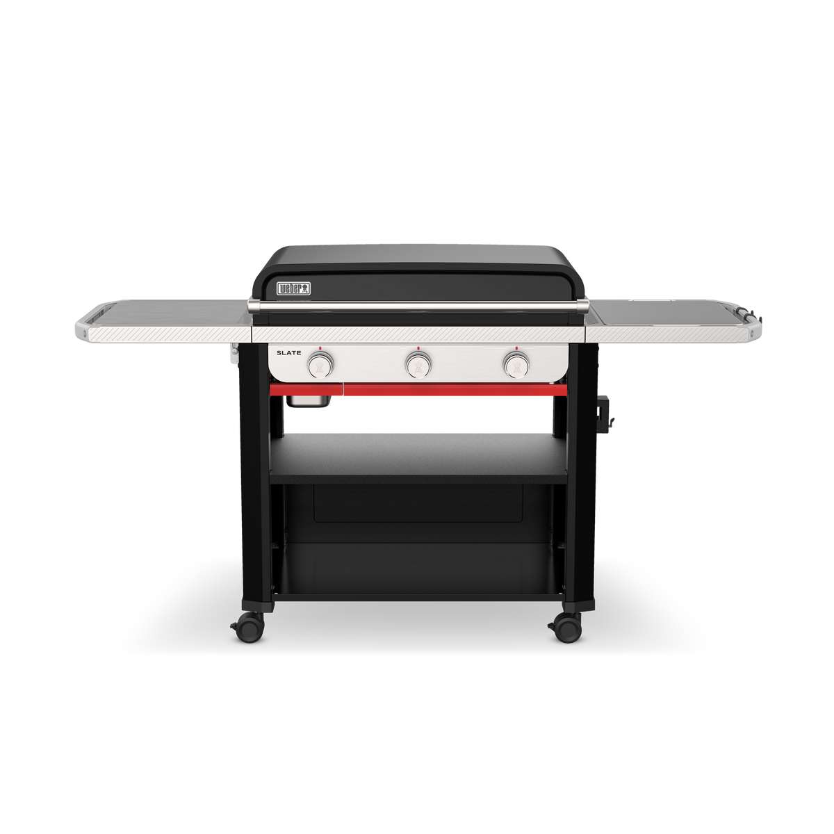 Front view of the Weber Slate 30" Rust-Resistant Griddle with the lid closed, two side tables, three control knobs, and a lower storage shelf.