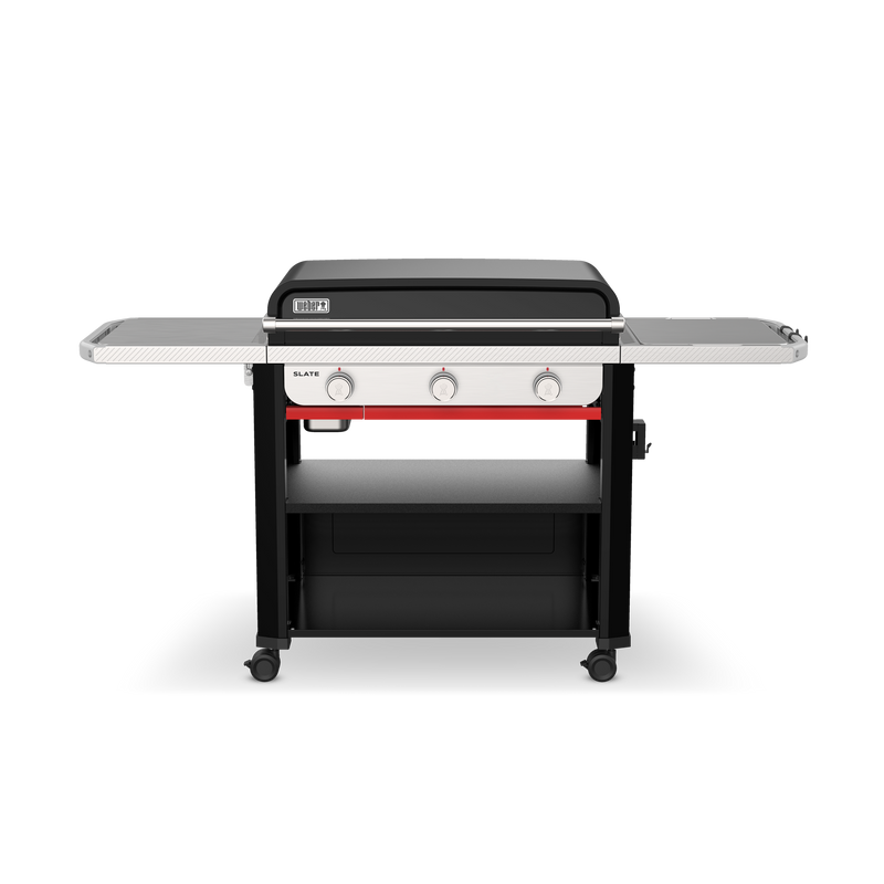 Front view of the Weber Slate 30" Rust-Resistant Griddle with the lid closed, two side tables, three control knobs, and a lower storage shelf.