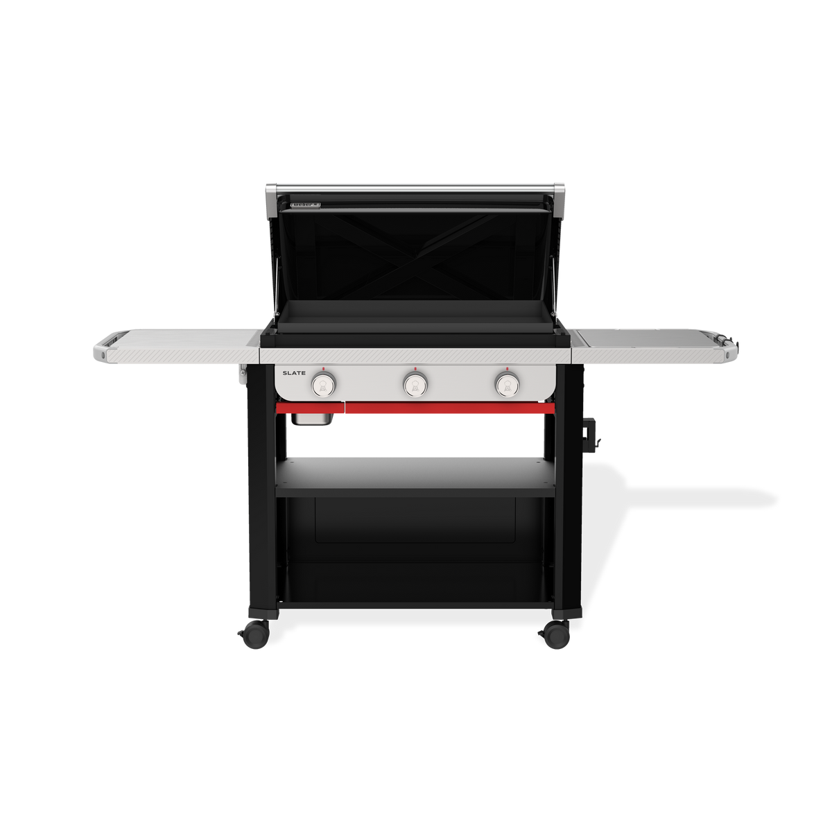 Front view of the Weber Slate 30" Rust-Resistant Griddle with the lid open, exposing the flat cooktop, two side tables, three control knobs, and a lower storage shelf.