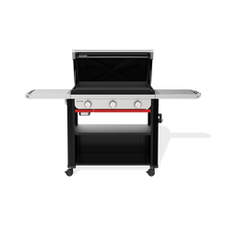 Front view of the Weber Slate 30" Rust-Resistant Griddle with the lid open, exposing the flat cooktop, two side tables, three control knobs, and a lower storage shelf.