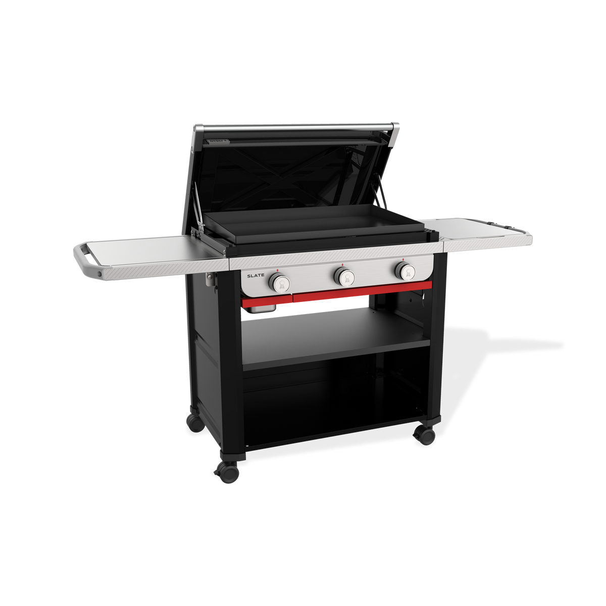 Front-left view of the Weber Slate 30" Rust-Resistant Griddle with the lid open, exposing the flat cooktop, two side tables, three control knobs, and a lower storage shelf.