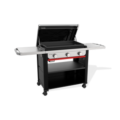 Front-left view of the Weber Slate 30" Rust-Resistant Griddle with the lid open, exposing the flat cooktop, two side tables, three control knobs, and a lower storage shelf.