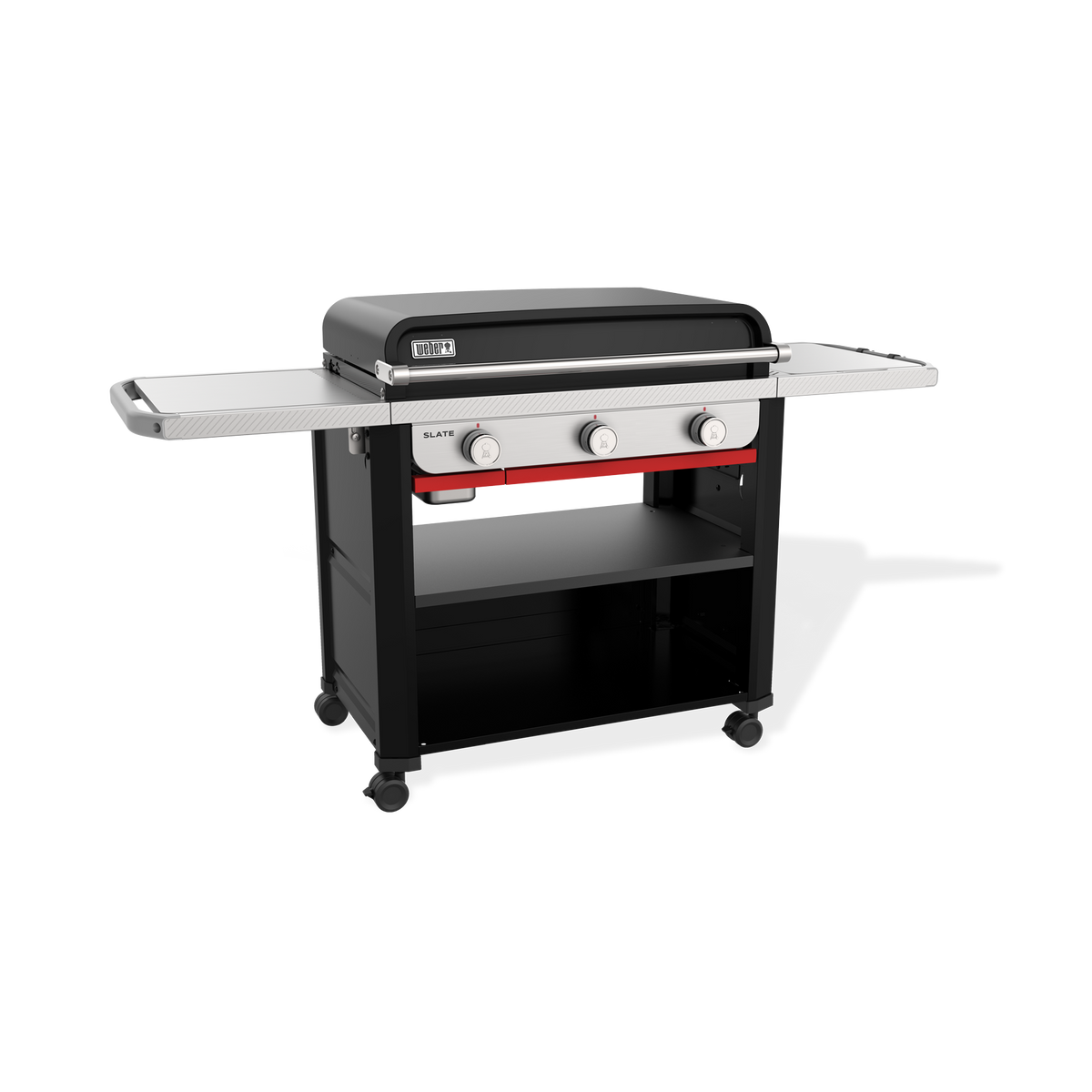 Front-left view of the Weber Slate 30" Rust-Resistant Griddle with the lid closed, two side tables, three control knobs, and a lower storage shelf.