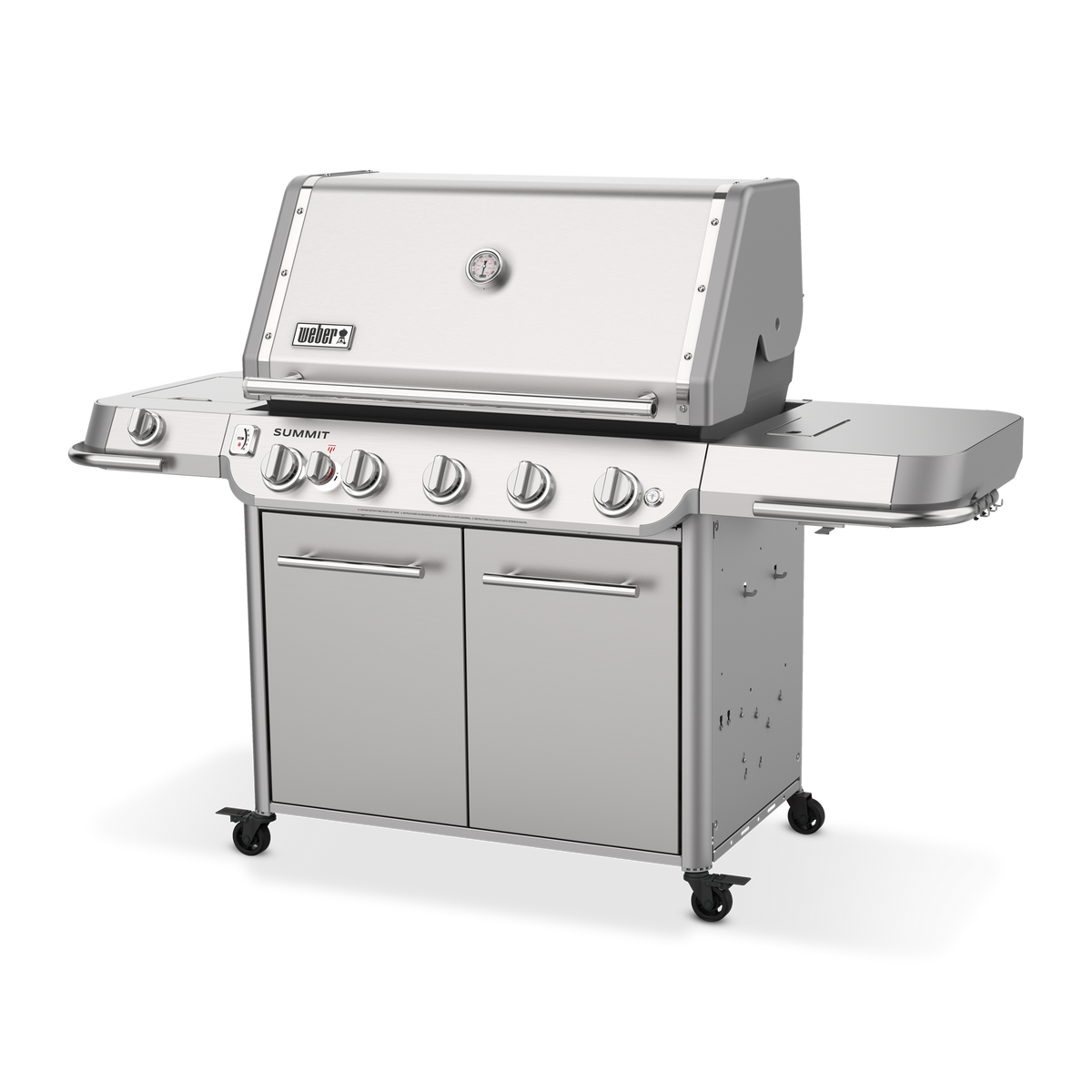 Weber Summit FS38 S gas grill with side shelves for prep, a built-in lid thermometer, and enclosed cabinet storage.