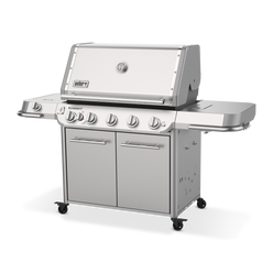 Weber Summit FS38 S gas grill with side shelves for prep, a built-in lid thermometer, and enclosed cabinet storage.