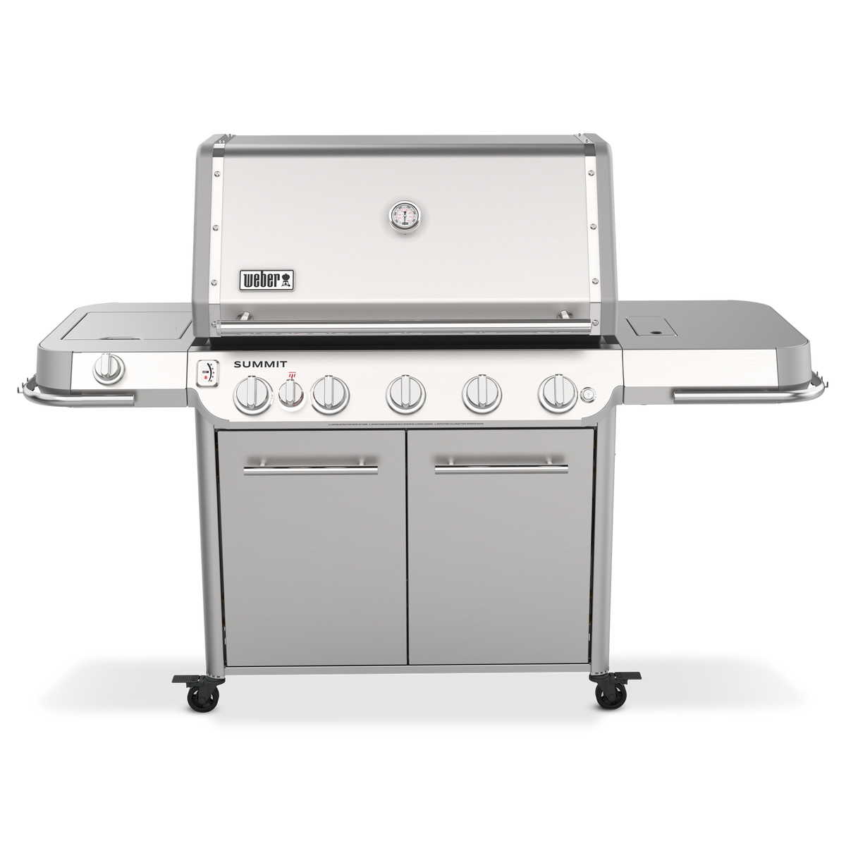 Weber Summit FS38 S gas grill with five burners, a side burner for sauces and sides, and side shelves for prep.