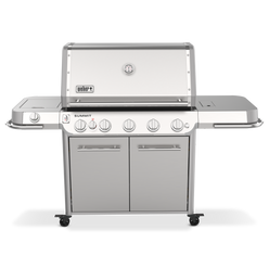 Weber Summit FS38 S gas grill with five burners, a side burner for sauces and sides, and side shelves for prep.