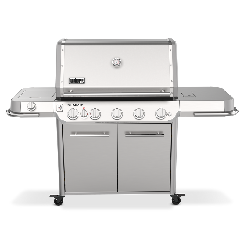 Weber Summit FS38 S gas grill with five burners, a side burner for sauces and sides, and side shelves for prep.