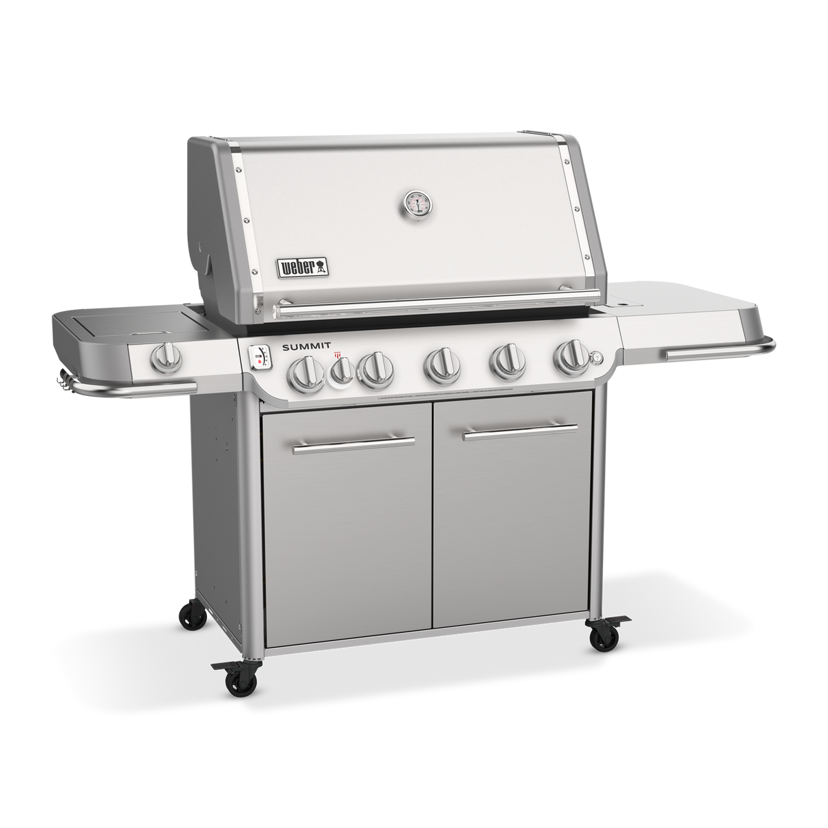 Weber Summit FS38 S gas grill with individual burner controls and side shelf tool hooks to keep grilling utensils within reach.