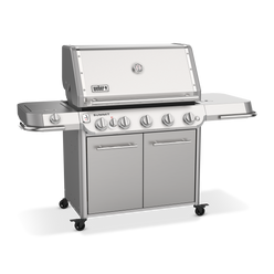 Weber Summit FS38 S gas grill with individual burner controls and side shelf tool hooks to keep grilling utensils within reach.