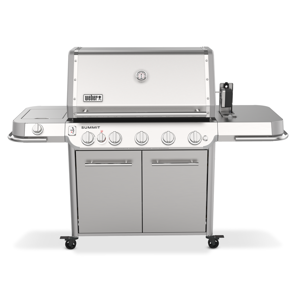 Weber Summit FS38 S gas grill with an integrated rotisserie and side-mounted motor for roasting whole chickens and large cuts of meat.
