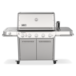 Weber Summit FS38 S gas grill with an integrated rotisserie and side-mounted motor for roasting whole chickens and large cuts of meat.