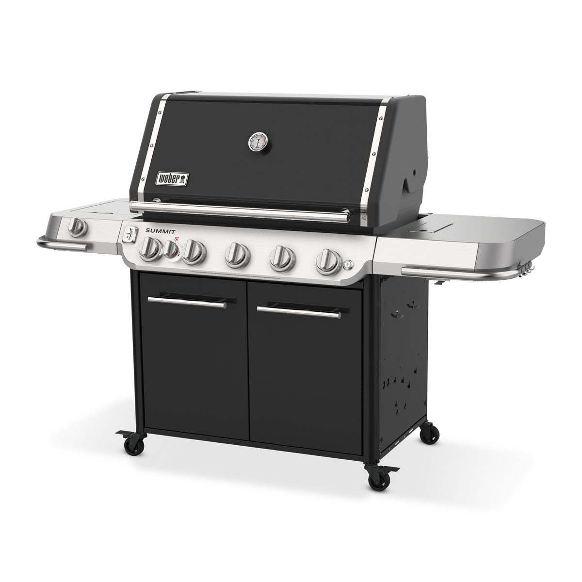 Weber Summit FS38 E gas grill combines five-burner cooking, expansive prep space, and enclosed storage for a complete outdoor cooking setup.
