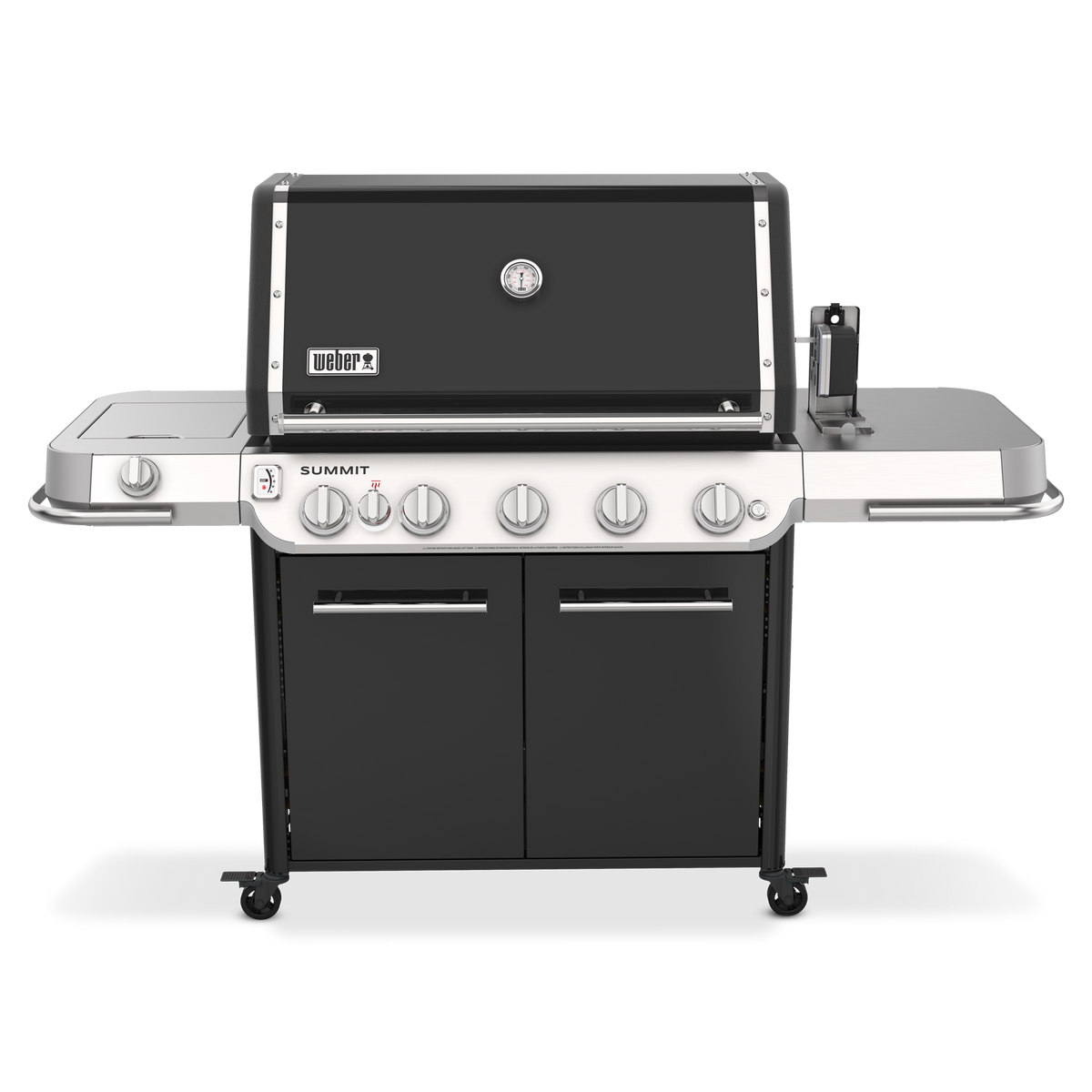 Black Summit FS38 E Gas Grill with a closed lid, built-in thermometer, stainless-steel side tables, covered side burner, front control knobs, and a two-door cabinet on caster wheels.