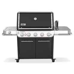 Black Summit FS38 E Gas Grill with a closed lid, built-in thermometer, stainless-steel side tables, covered side burner, front control knobs, and a two-door cabinet on caster wheels.