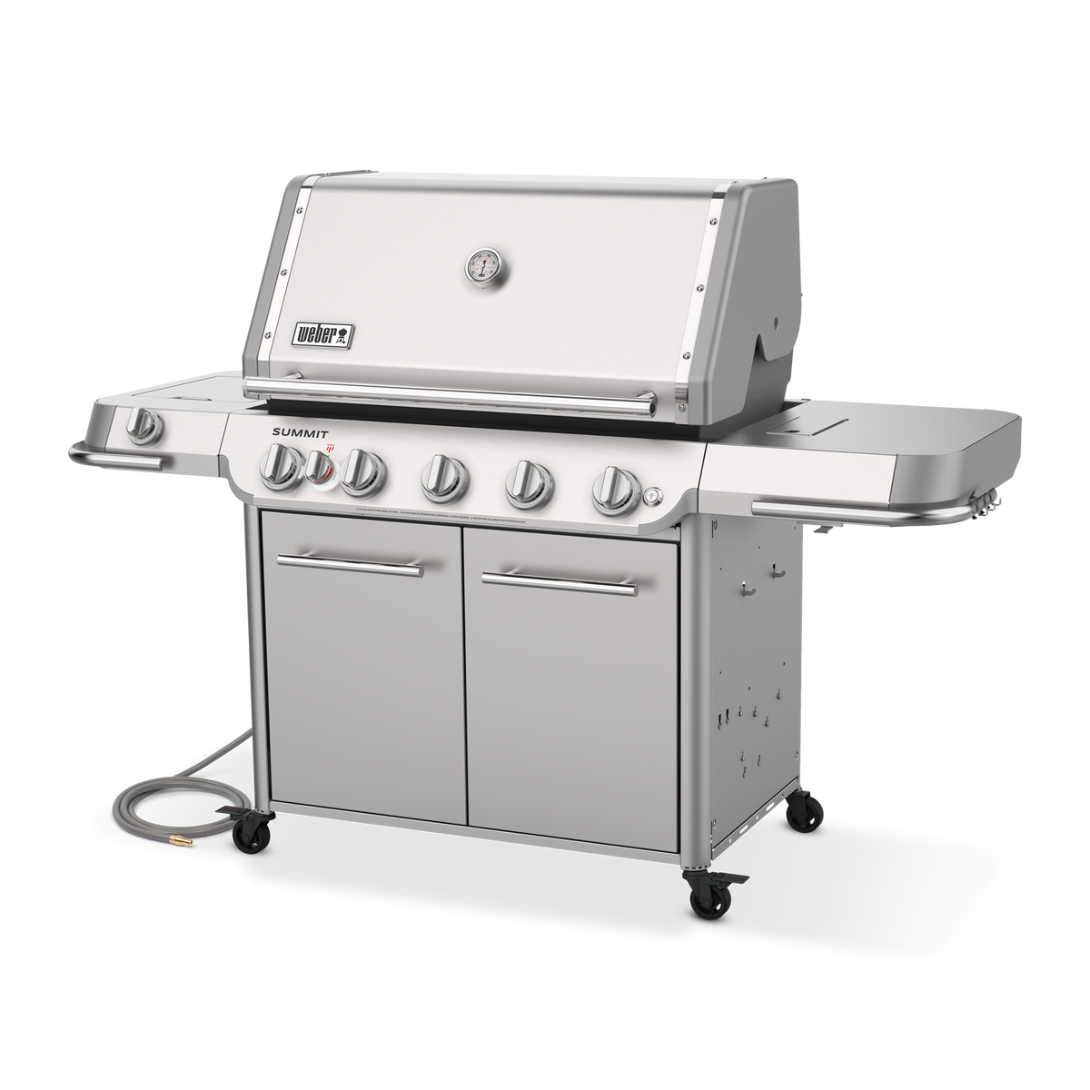 Angled view of the stainless steel Weber Summit FS38 S gas grill with a closed lid, side shelves, tool hooks, double-door cabinet, and caster wheels.