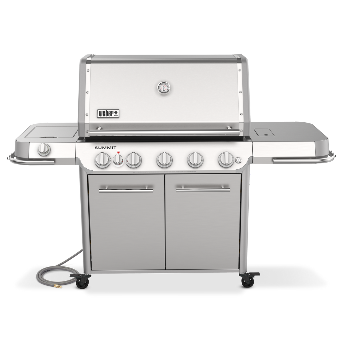 Front view of the stainless steel Weber Summit FS38 S gas grill with a closed lid, built-in thermometer, side shelves, and double-door storage cabinet.