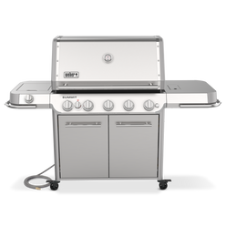 Front view of the stainless steel Weber Summit FS38 S gas grill with a closed lid, built-in thermometer, side shelves, and double-door storage cabinet.